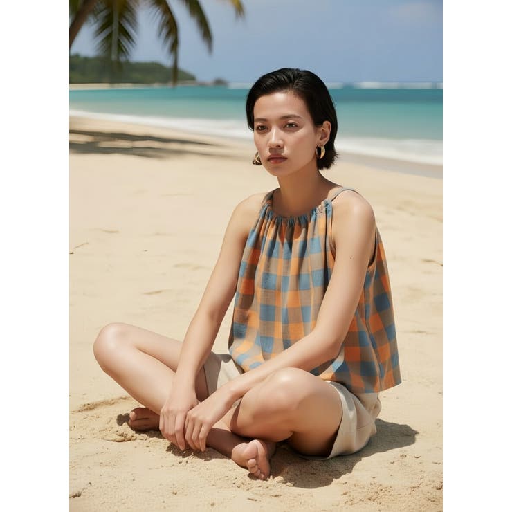 綿100％チェック柄キャミソールギャザーフレアレイヤードトップス紐調節可 | On One's Own | 詳細画像5 