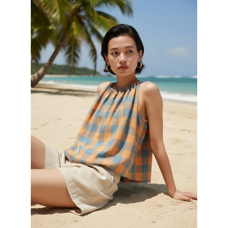 綿100％チェック柄キャミソールギャザーフレアレイヤードトップス紐調節可 | On One's Own | 詳細画像4 