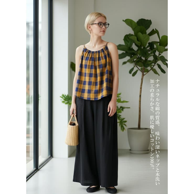 綿100％チェック柄キャミソールギャザーフレアレイヤードトップス紐調節可 | On One's Own | 詳細画像14 