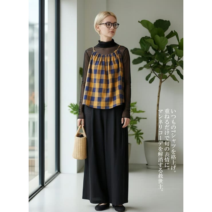 綿100％チェック柄キャミソールギャザーフレアレイヤードトップス紐調節可 | On One's Own | 詳細画像17 