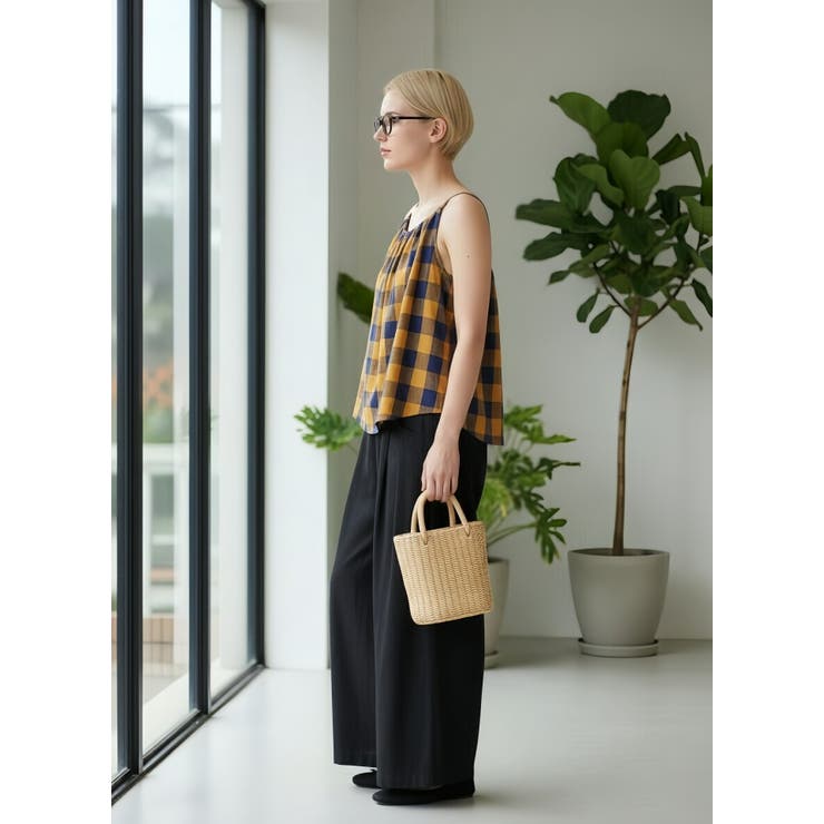 綿100％チェック柄キャミソールギャザーフレアレイヤードトップス紐調節可 | On One's Own | 詳細画像15 