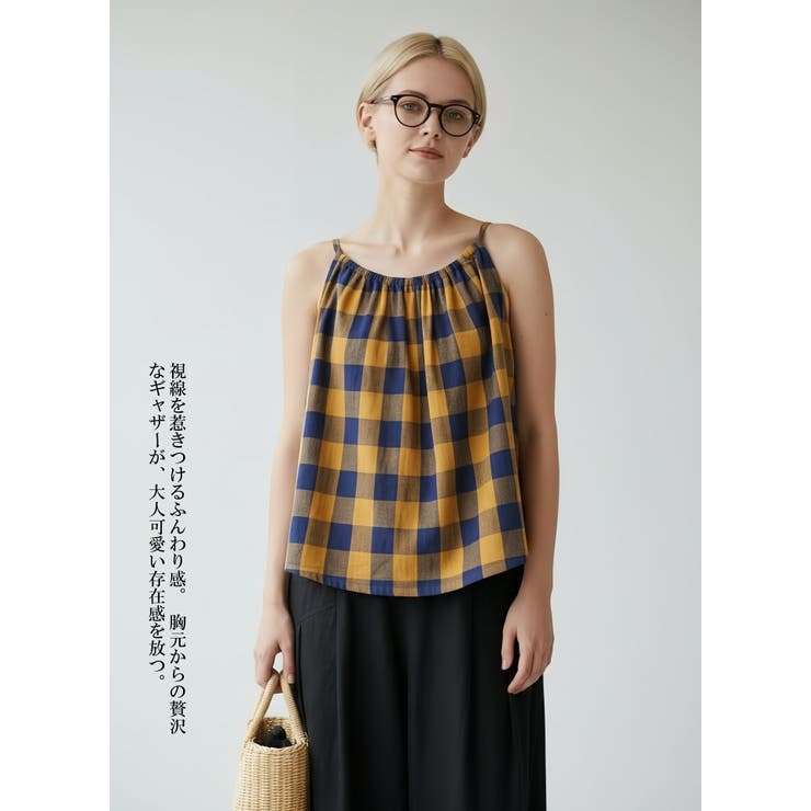 綿100％チェック柄キャミソールギャザーフレアレイヤードトップス紐調節可 | On One's Own | 詳細画像16 