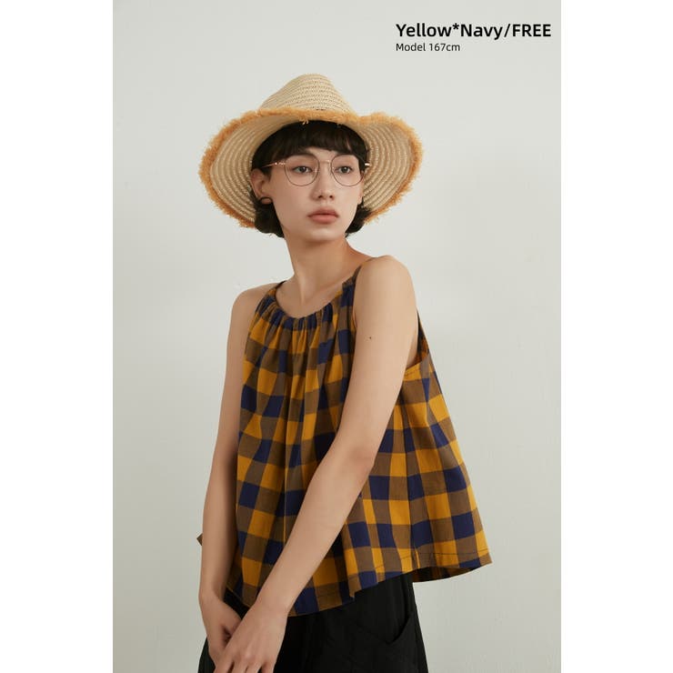 YELLOWNAVY | 綿100％チェック柄キャミソールギャザーフレアレイヤードトップス紐調節可 | On One's Own