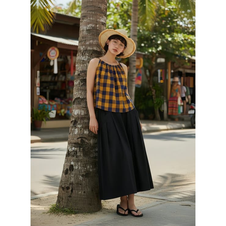 綿100％チェック柄キャミソールギャザーフレアレイヤードトップス紐調節可 | On One's Own | 詳細画像13 