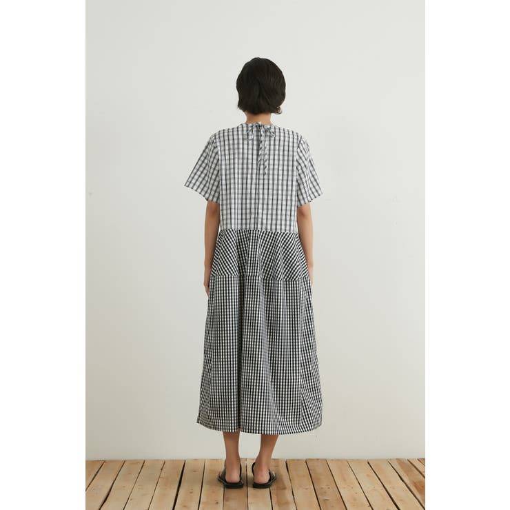 チェック柄切替コクーン半袖ロングワンピース | On One's Own | 詳細画像16 