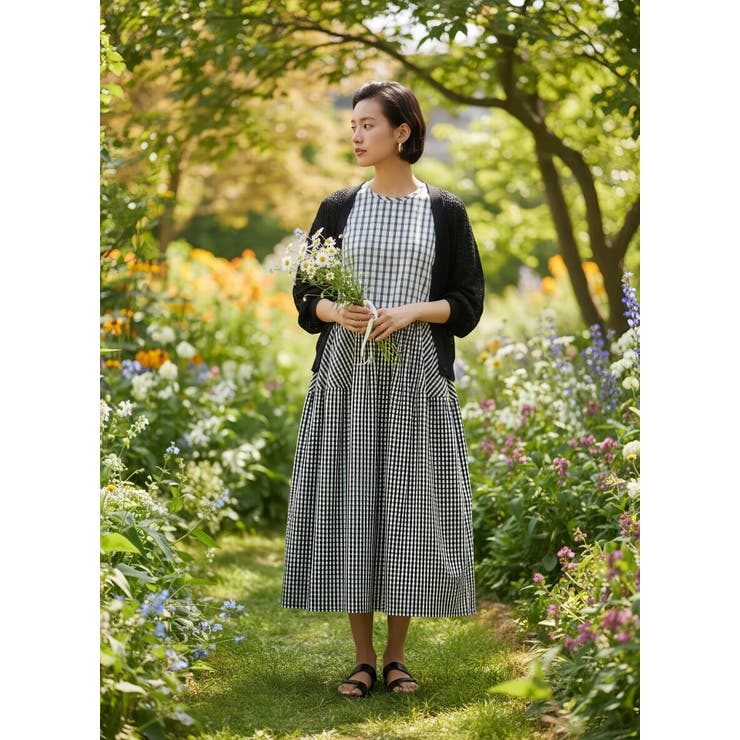 チェック柄切替コクーン半袖ロングワンピース | On One's Own | 詳細画像6 