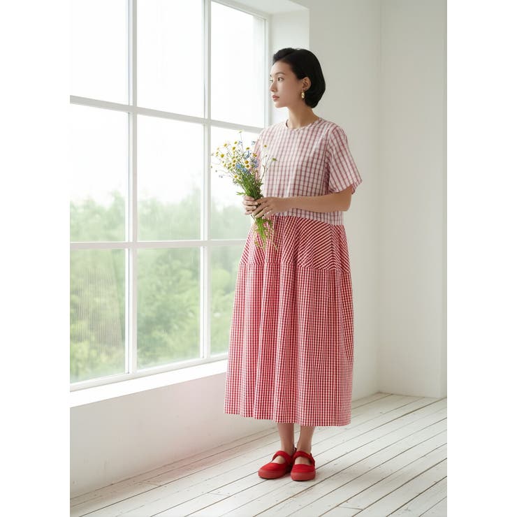 チェック柄切替コクーン半袖ロングワンピース | On One's Own | 詳細画像7 