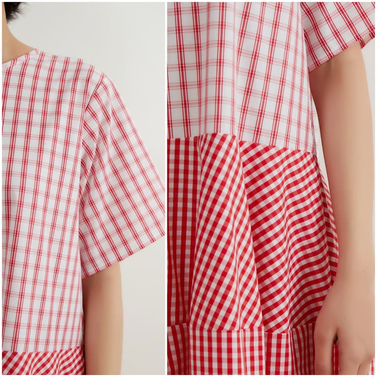 チェック柄切替コクーン半袖ロングワンピース | On One's Own | 詳細画像11 