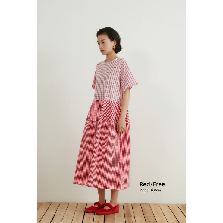 レッド/RED | チェック柄切替コクーン半袖ロングワンピース | On One's Own