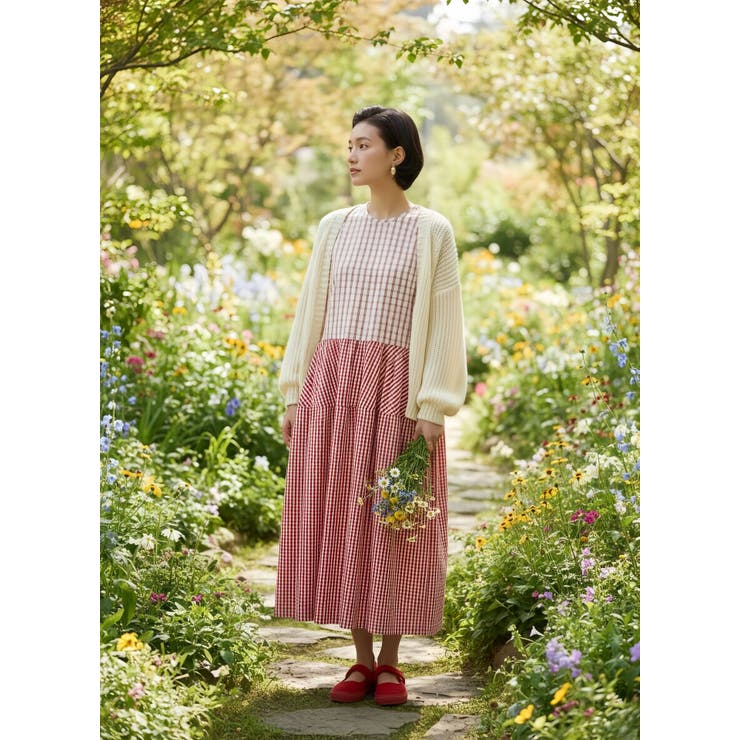 チェック柄切替コクーン半袖ロングワンピース | On One's Own | 詳細画像14 