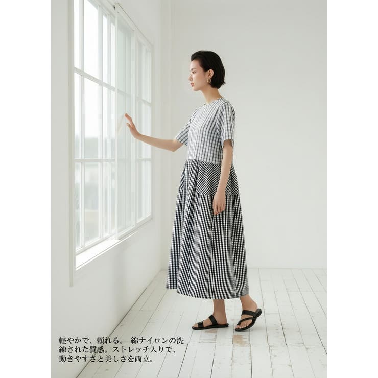 チェック柄切替コクーン半袖ロングワンピース | On One's Own | 詳細画像4 