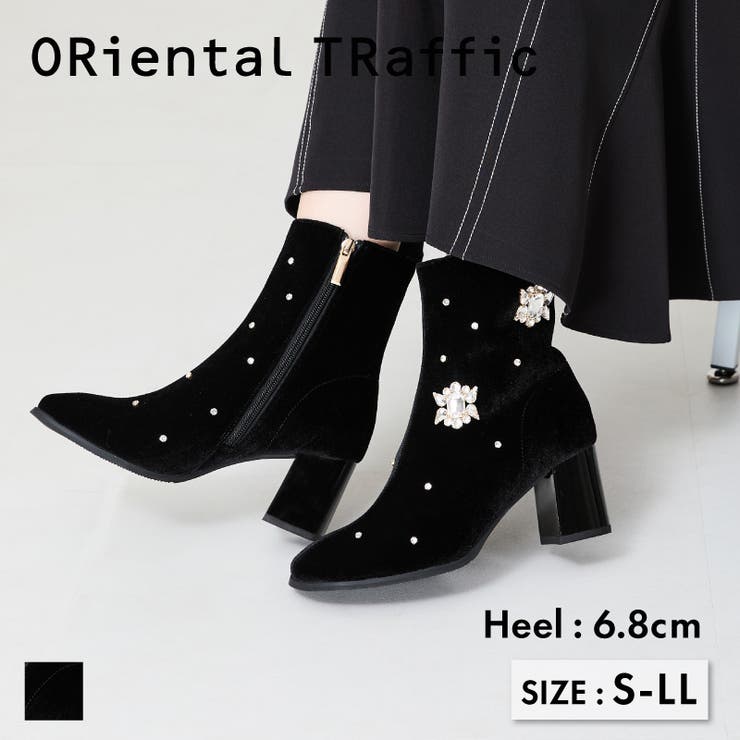 未使用品 オープントゥブーツです(*^^*) ≪オリエンタルトラフィック≫ビジュー×ラウンドトゥベロアブーツ