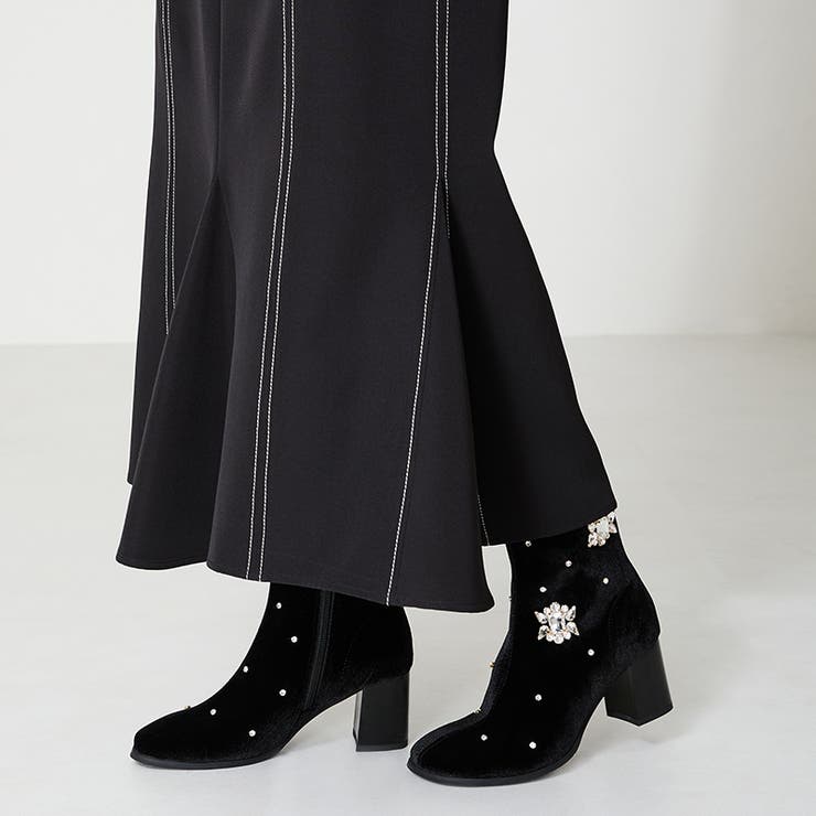 ≪オリエンタルトラフィック≫ビジュー×ラウンドトゥベロアブーツ