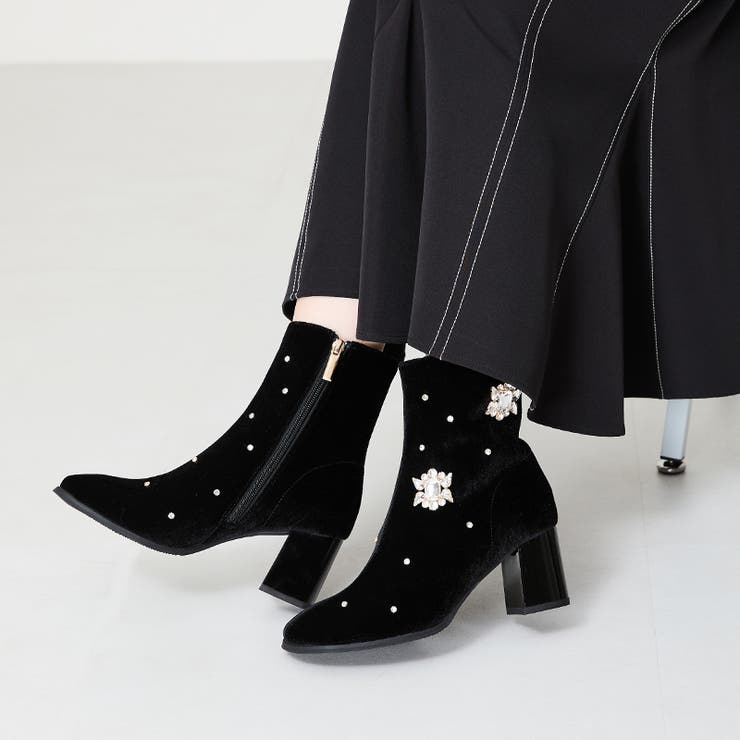 ≪オリエンタルトラフィック≫ビジュー×ラウンドトゥベロアブーツ