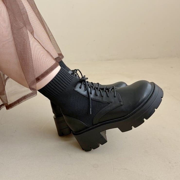 オリエンタルトラフィック（ORiental TRaffic）/柔らかいニットで痛くなりにくい【25秋冬新作】ニットソックスレースアップブーツ/51404 ニットソックスレースアップブーツ/51404[品番：ORTS0009176