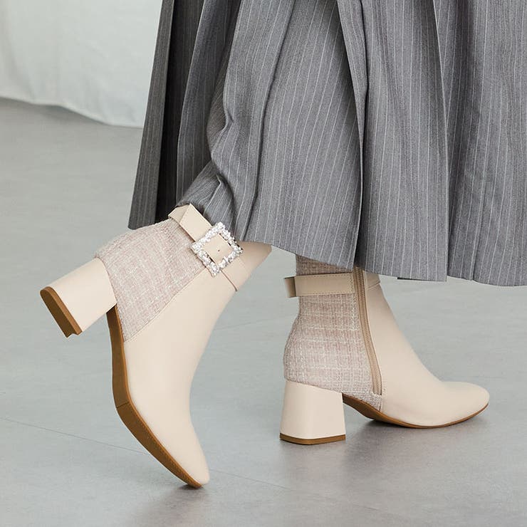 ベージュ | ビジューモチーフ切替ヒールブーツ/51424 | ORiental TRaffic