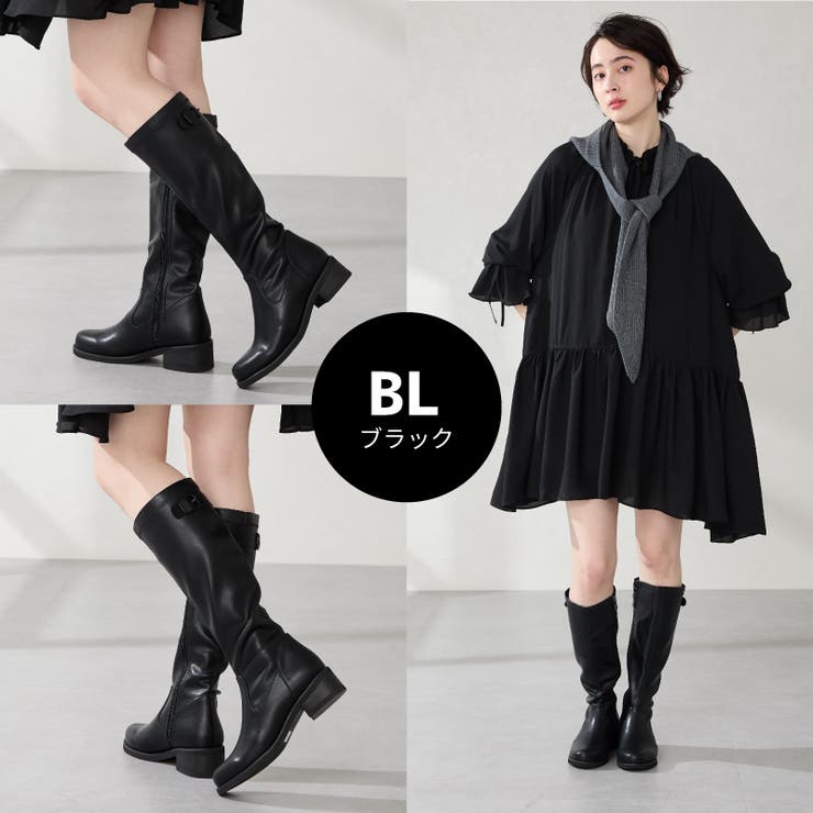 花　D&G ブラック ロングブーツ ORiental TRaffic（オリエンタルトラフィック） ブーツ スクエアトゥ