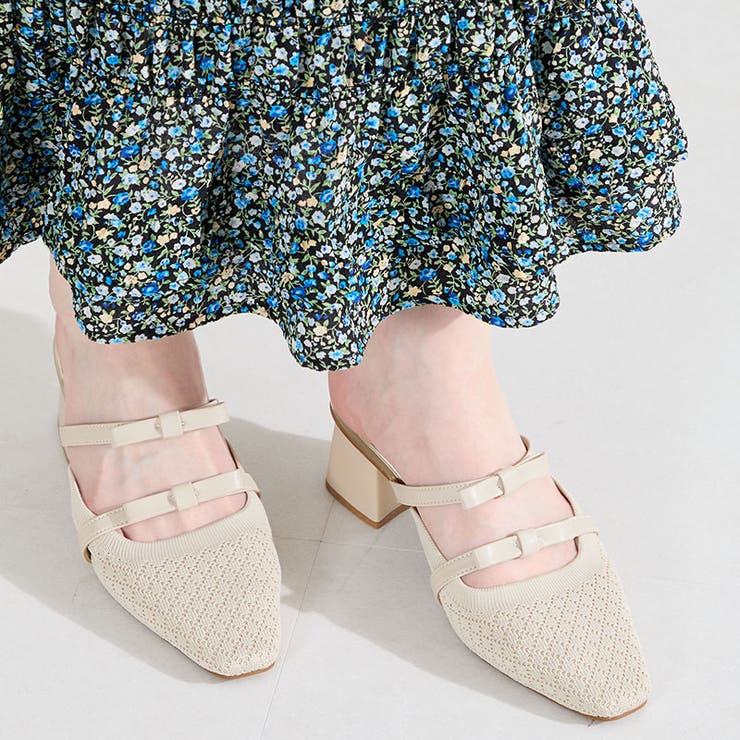 ベージュ | ダブルリボンニットミュールパンプス/61111 | ORiental TRaffic