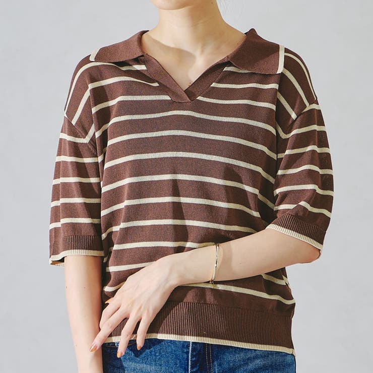 ブラウン | ボーダースキッパーネックポロニット《acro》アクロ | ORiental TRaffic