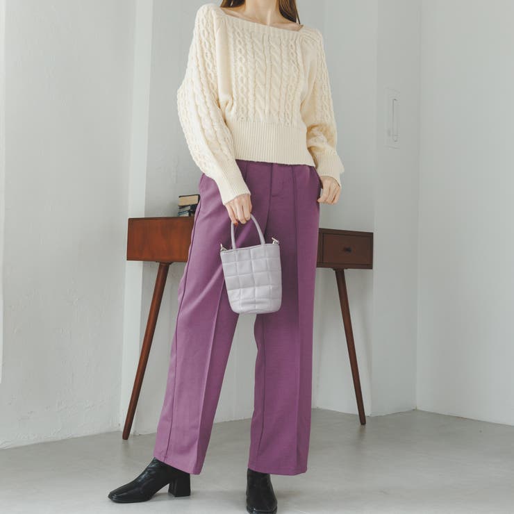 スクエアネック ケーブル編みニット ショート丈[品番：ORGW0000233