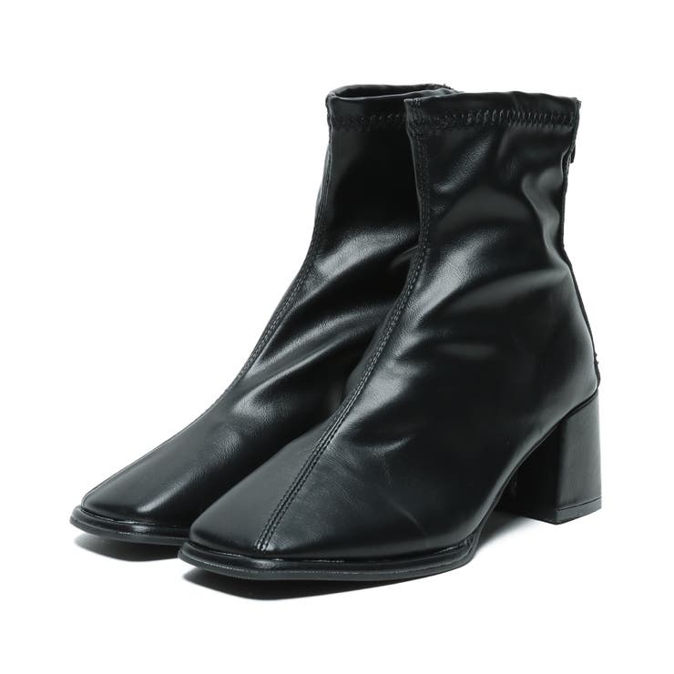 スクエアトゥショートブーツ ショートブーツ 太ヒール[品番