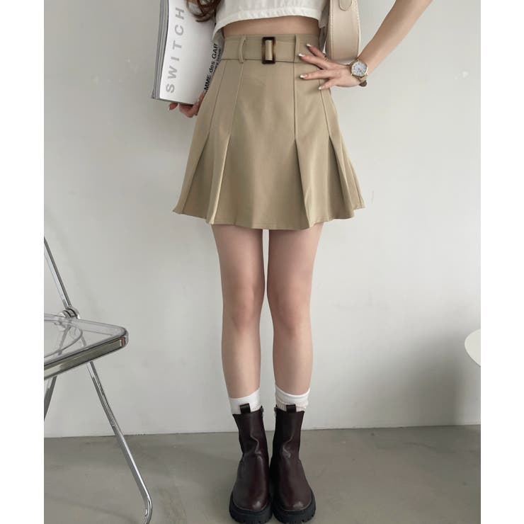 ベルトデザイン タックプリーツ ミニスカート[品番：ORGW0008609