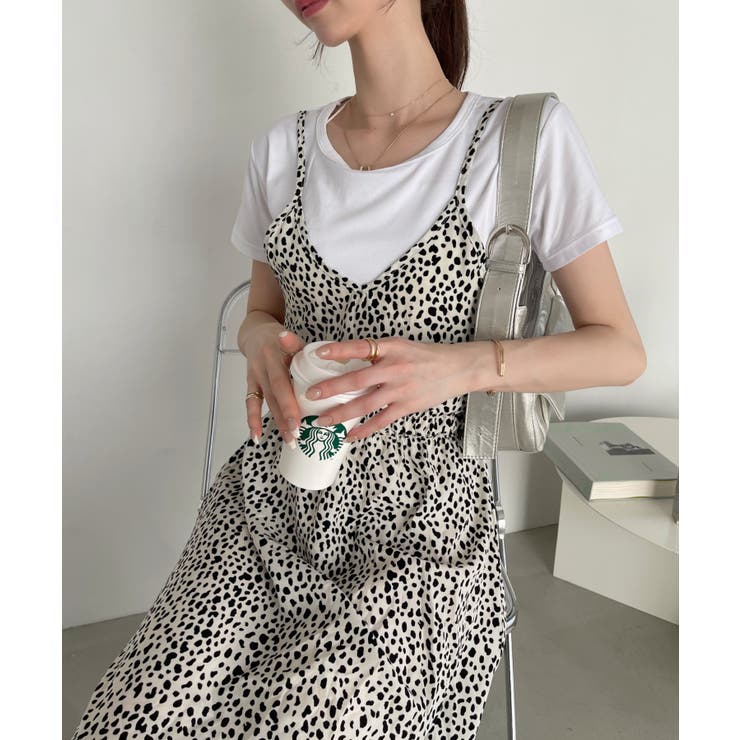限定!Anne レオパード柄 美ライン ミディ ワンピース レオパード キャミワンピース Tシャツ セット[品番:ORGW0008637