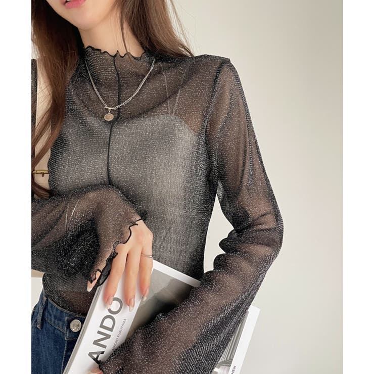 ラメチュール ロングスリーブ ハイネック シアートップス[品番