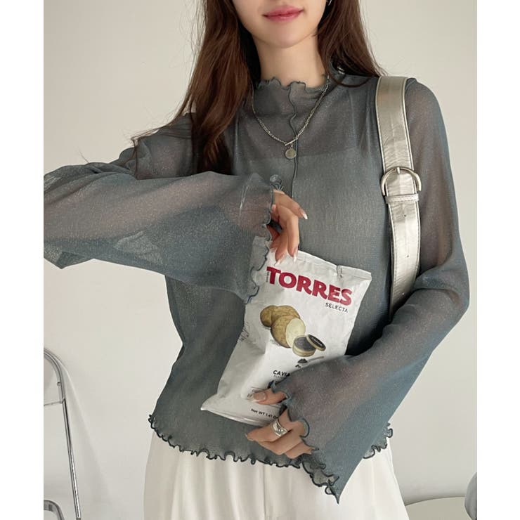 ラメチュール ロングスリーブ ハイネック シアートップス[品番