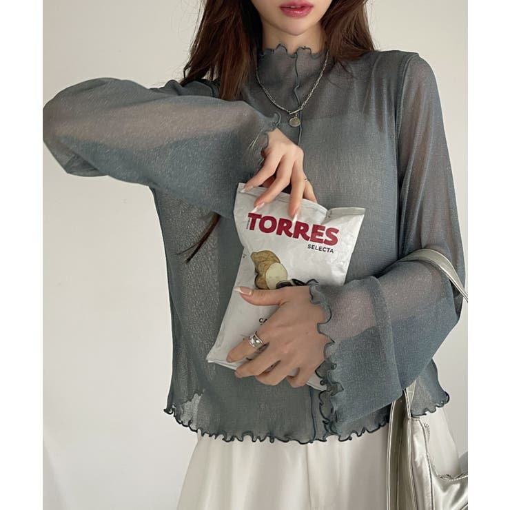 ラメチュール ロングスリーブ ハイネック シアートップス[品番