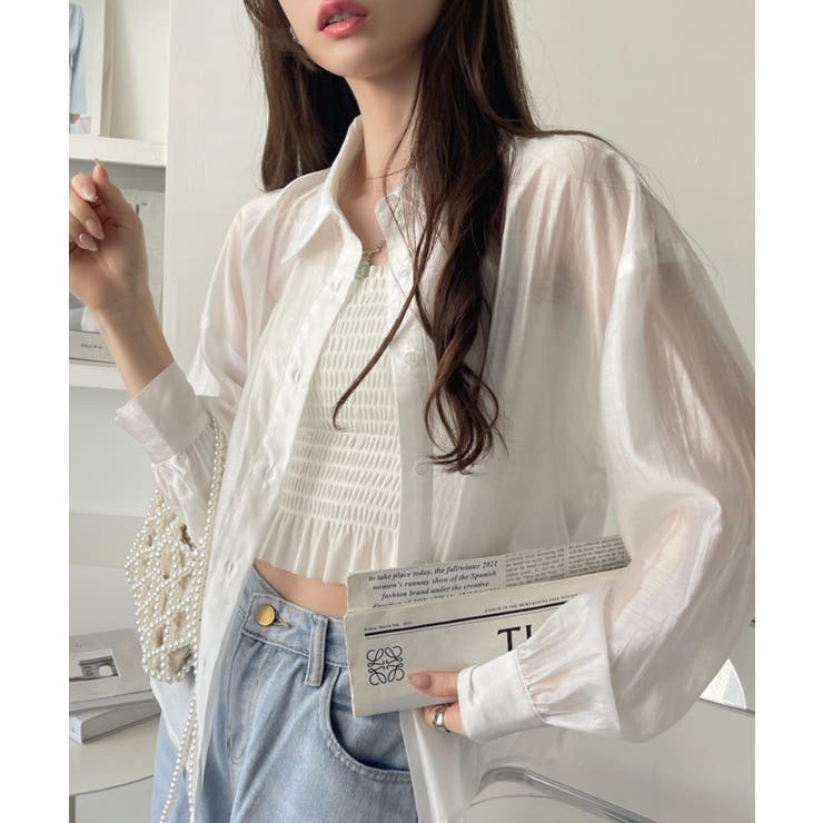 eimy istoire - sheller シェリエ♡ バックロング シアーデザインシャツ♡ セール】バックロングツートーンフリルブラウス（シャツ