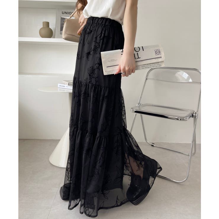 フロッキー 花柄 チュール フレアスカート ペチコート付き[品番