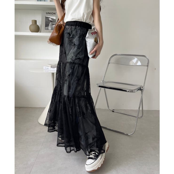 黒の水玉模様 フレアスカートペチコート付き フロッキー 花柄 チュール フレアスカート ペチコート付き[品番