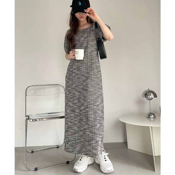 カットツイード パフスリーブ スクエアネック ワンピース[品番  