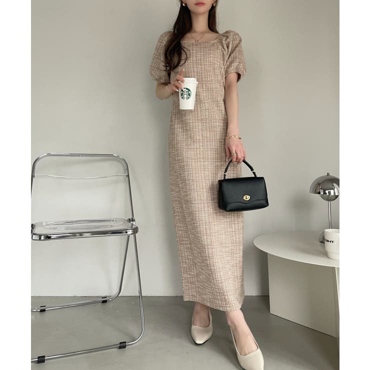 カットツイード パフスリーブ スクエアネック ワンピース[品番  