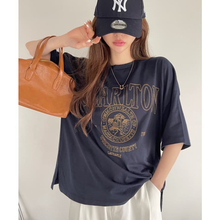 白抜き カレッジロゴ 刺繍 ビッグTシャツ[品番：ORGW0008761]｜Ada