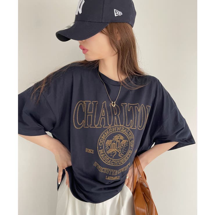 白抜き カレッジロゴ 刺繍 ビッグTシャツ[品番：ORGW0008761]｜Ada