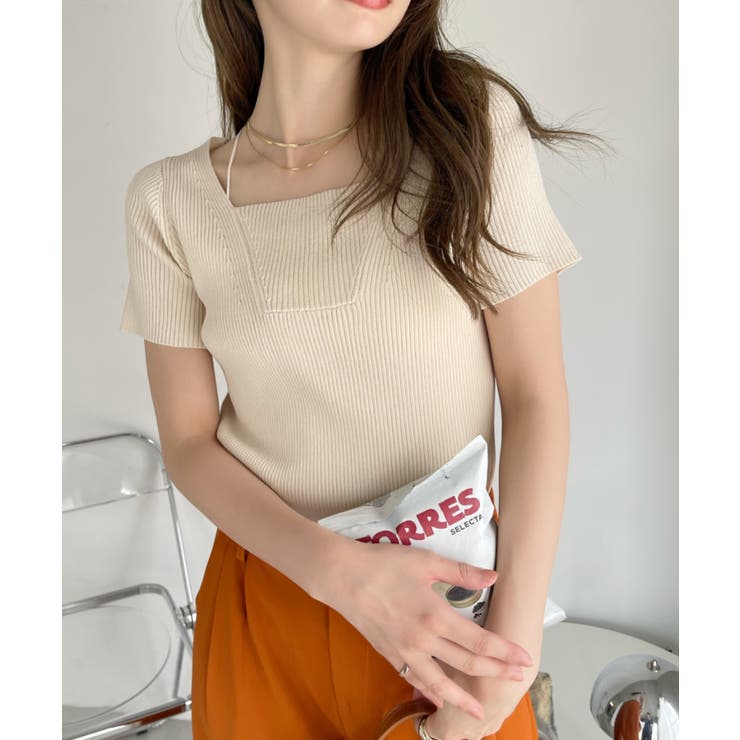 胸元切り替え スクエアネック 半袖 ニット[品番：ORGW0008848]｜Ada