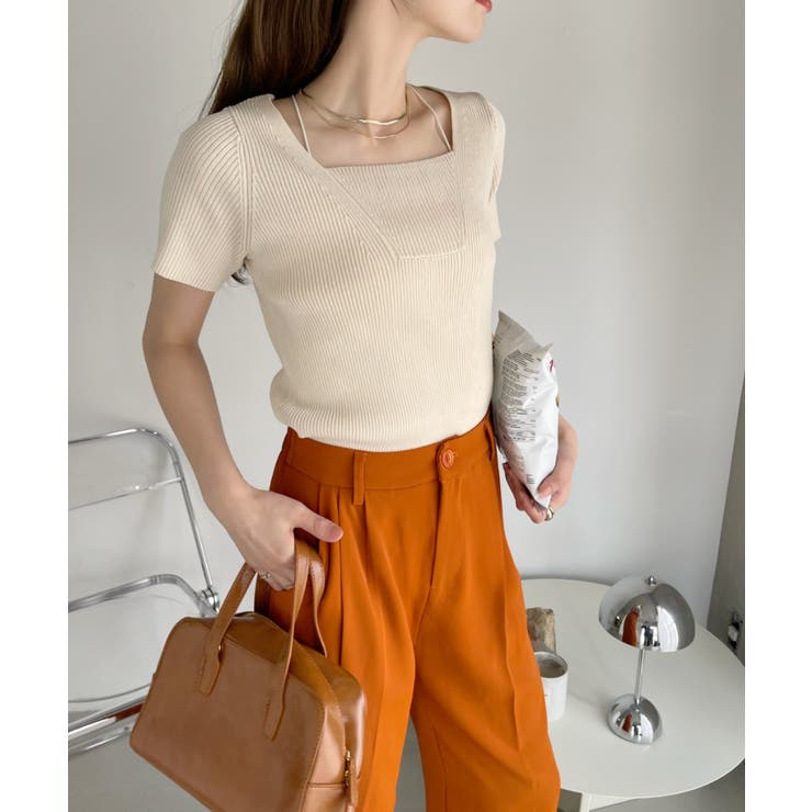 胸元切り替え スクエアネック 半袖 ニット[品番：ORGW0008848]｜Ada