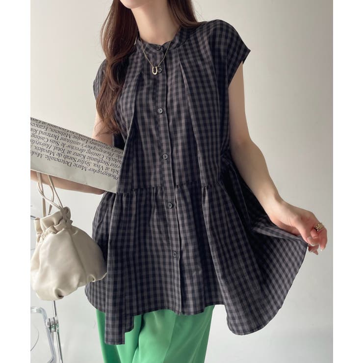 shoulder ribbon salopette とギンガムブラウスセット UpcycleLino】ギンガムチェックギャザーブラウス｜nest Robe