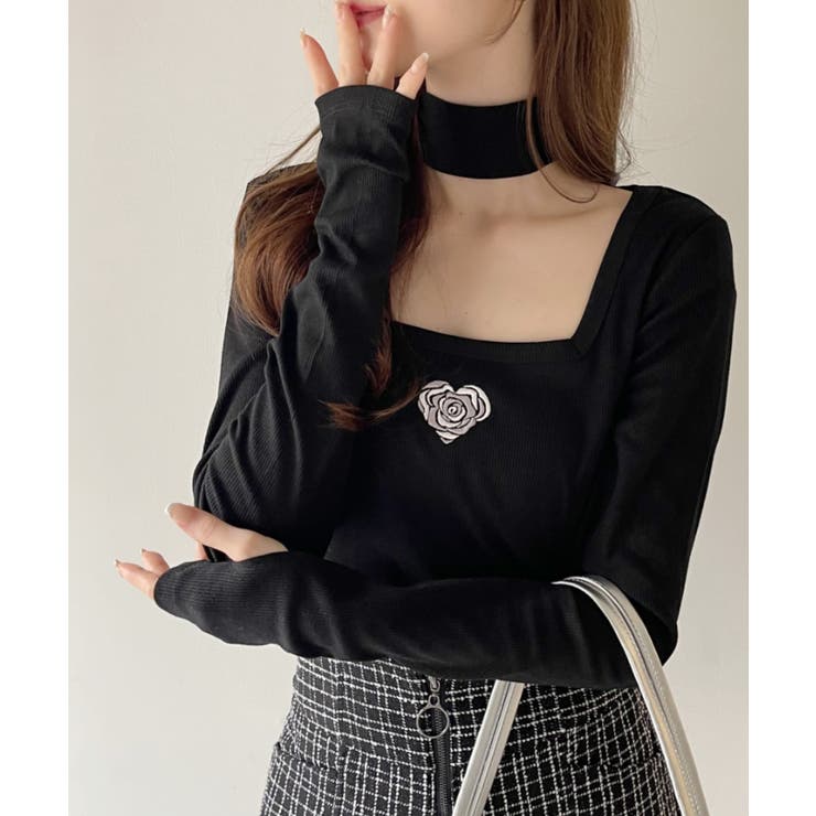 タイ付き ハート ローズ 刺繍 スクエアネック バレエコア トップス