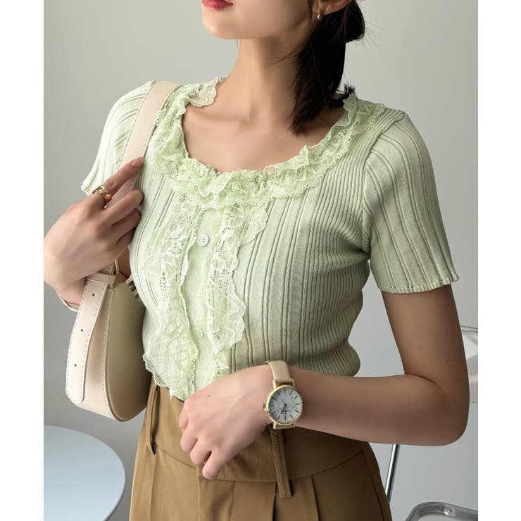 レース フリル デザイン ニット バレエコア Tシャツ[品番