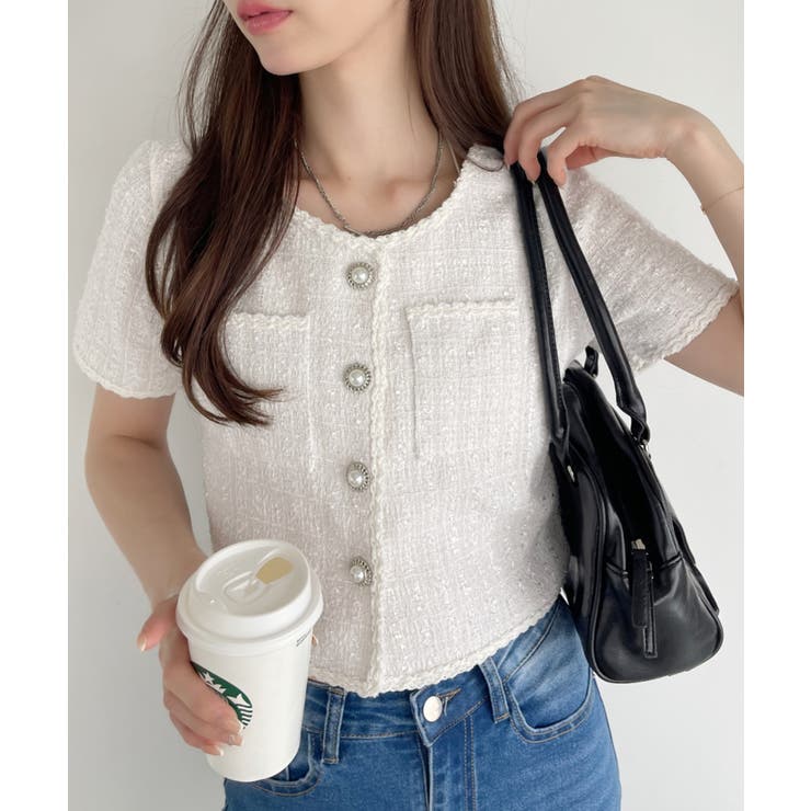 ツイード ショート丈 半袖 パールボタン パイピング ジャケット