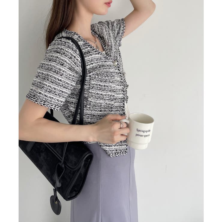 LINKABLE ツイードパイピングジャケット グレー ショート丈 春 Ada. tシャツ ツイード ショート丈 半袖 パールボタン パイピング