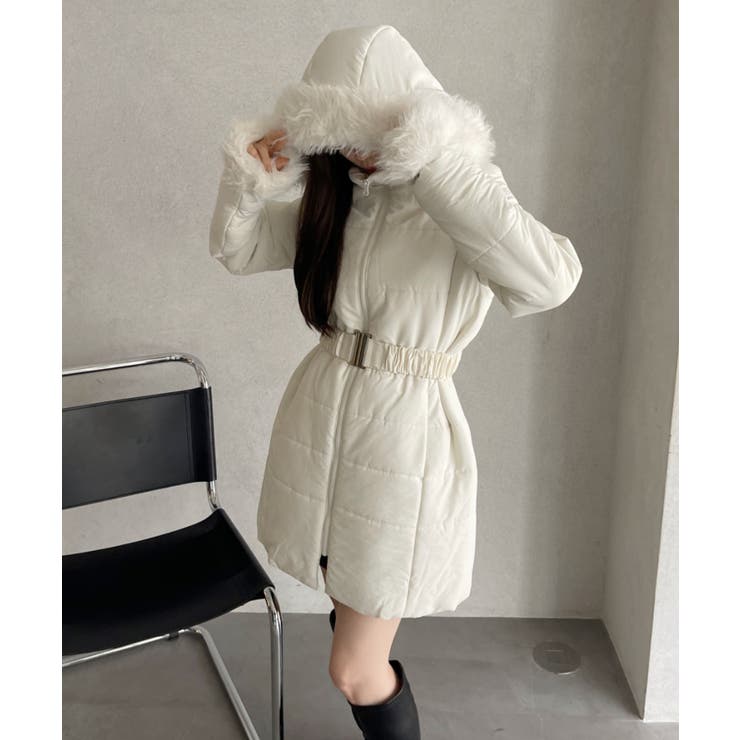 ベルト付き ファー 中綿ダウン ミディコート[品番：ORGW0009058]｜Ada