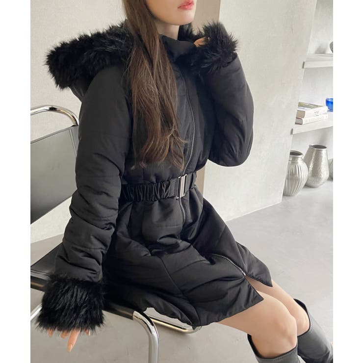 美品✨アルチビオ 中綿ダウン ワンピース ファー付き ウエストベルト 紺　38 ベルト付きフォックスファーダウンコート「D786」-RUIRUE BOUTIQUE