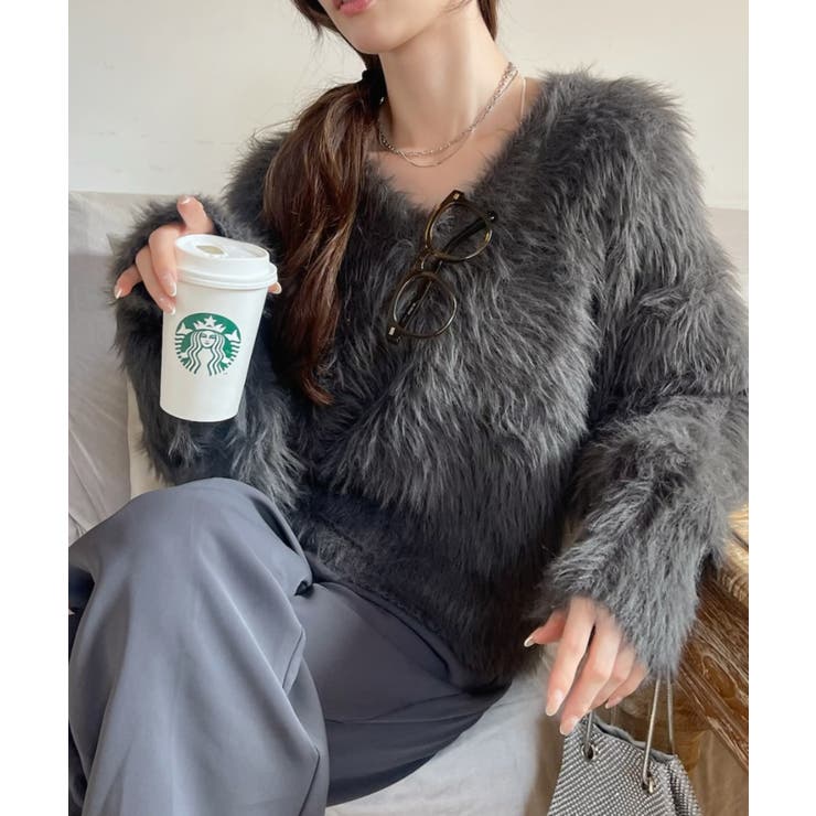 長毛 フェザーヤーン Vネック ニット[品番：ORGW0009052]｜Ada