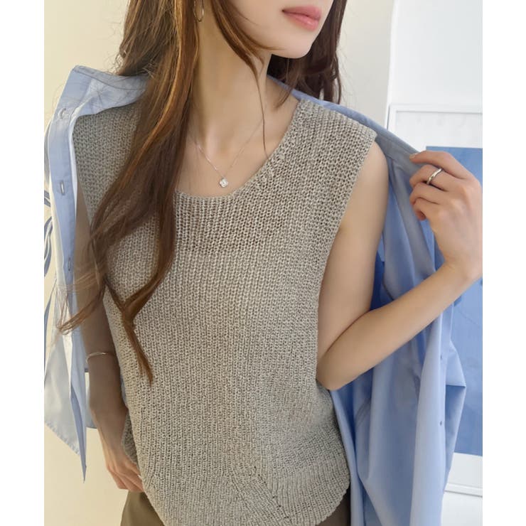 Eclat one】 畔リブ クルーネック ノースリーブ サマーニット
