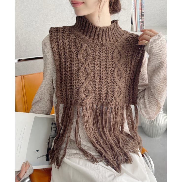 ケーブルデザイン 裾フリンジニットベスト[品番：ORGW0009098]｜Ada