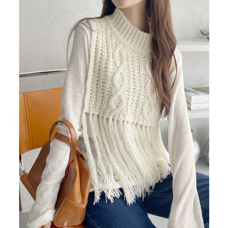 ケーブルデザイン 裾フリンジニットベスト[品番：ORGW0009098]｜Ada